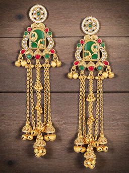 OOMPH - Long Kashmiri Drop Earrings - Peacock Design with Ghungroo Detailing