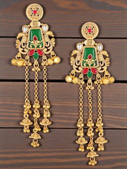 OOMPH - Long Kashmiri Drop Earrings - Peacock Design with Ghungroo Detailing