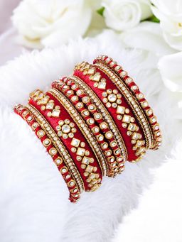 OOMPH - Red Bridal Chuda Bangle Set With Silk Thread and Kundan (Pack of 10) (2.6)