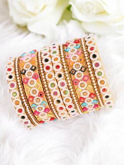 OOMPH - Pink and Mutlicolor Bangle Set Silk Thread and Kundan(2.6) (2.6) (Pack of 10) (2.6)
