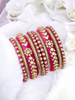 OOMPH - Rani Pink Bridal Chuda Bangle Set With Silk Thread and Kundan (Pack of 10) (2.6)