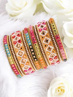 OOMPH - Pink and Mutlicolor Bangle Set Silk Thread and Kundan (Pack of 10) (2.6)