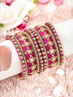 OOMPH - Rani Pink Bridal Chuda Bangle Set Silk Thread and Kundan (Pack of 10) (2.6)