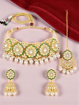 OOMPH - Gold and Green Meenakari Kundan Choker Necklace Set - Jadau Patwa Work
