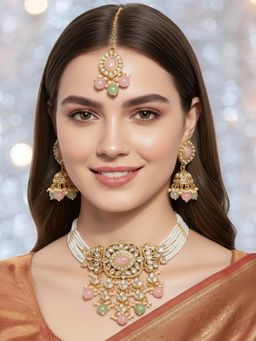OOMPH - Mint Green and Pink Kundan Choker Necklace Set - Jadau Patwa Work