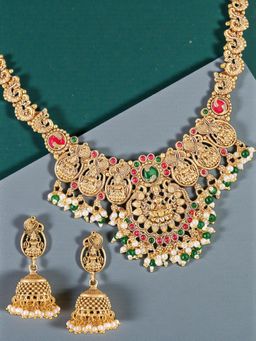 OOMPH - Goddess Laxmi Choker Necklace Set - Temple Theme with Kempu Stones