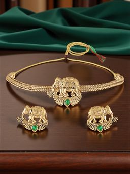OOMPH - Elephant Design Choker Necklace Set - Temple Theme - Green Kempu Stone