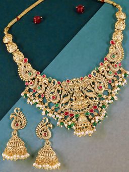 OOMPH - Goddess Laxmi Choker Necklace Set - Temple Theme with Kempu Stones