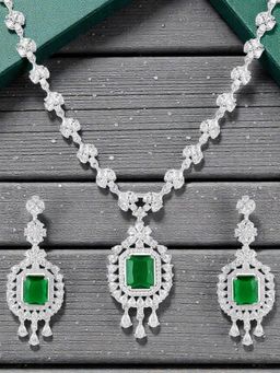 OOMPH - Green American Diamond Pendant Necklace Set - Party-Wear