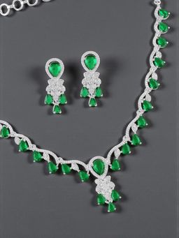 OOMPH - Green American Diamond Pendant Necklace Set - Teardrop Statement Design