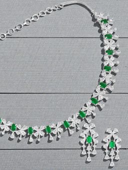 OOMPH - Green American Diamond Necklace Set - Party Wear