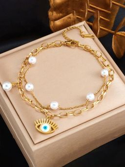 Designs & You - Gold Plated Stainless Steel Pearl Anti-Tarnish Evil Eye Bracelet