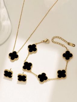 Designs & You - Stainless Steel Gold Plated Black Anti Tarnish Clover Jewellery Set