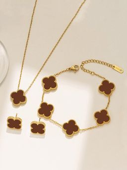 Designs & You - Stainless Steel Gold Plated Brown Anti Tarnish Clover Jewellery Set