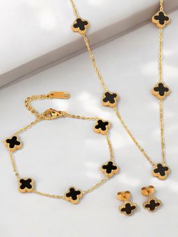 Designs & You - Stainless Steel Gold Plated Black Anti Tarnish Clover Jewellery Set