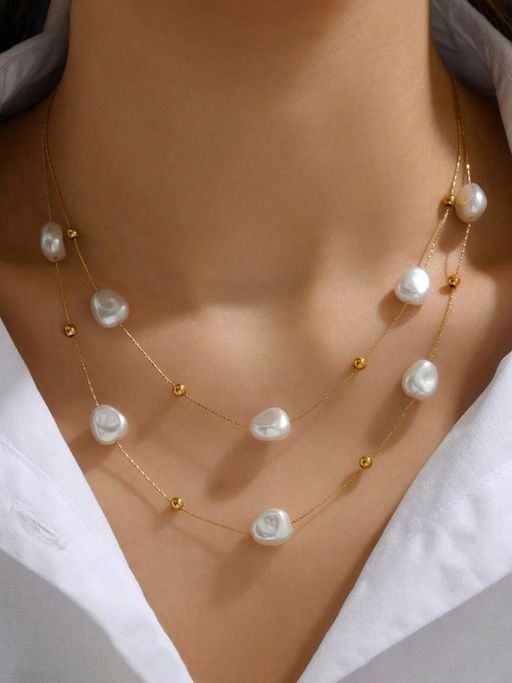 Designs & You Gold Plated Anti Tarnish Stainless Steel Pearl Studded Layered Necklace