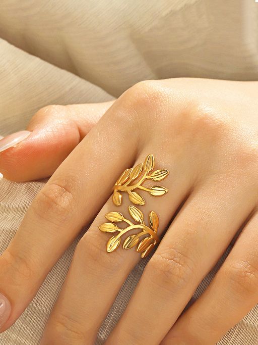Designs & You Gold Plated Anti Tarnish Stainless Steel Leaf Themed Adjustable Ring