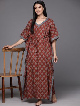 Libas - Brown Cotton All-Over Floral Printed Night Dress
