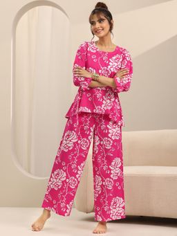 Libas - Pink Floral Printed Top With Attached Belt And Pyjama (Set of 2)