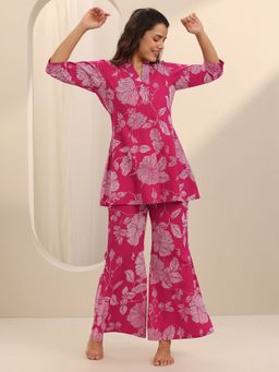 Libas - Pink Floral Printed Kurti with Printed Pyjama (Set of 2)