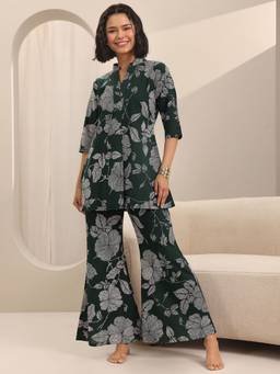 Libas - Green Floral Printed Kurti with Printed Pyjama (Set of 2)