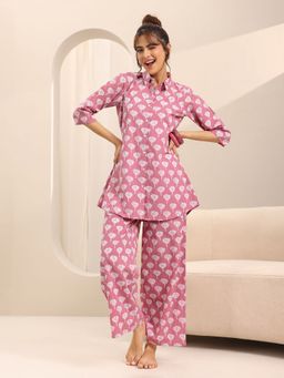 Libas - Pink Floral Motif Printed Shirt With Printed Wide Leg Pyjamas (Set of 2)