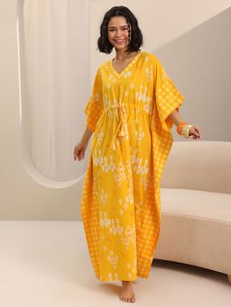 Libas - Yellow Abstract Printed Maxi Kaftan Nightdress