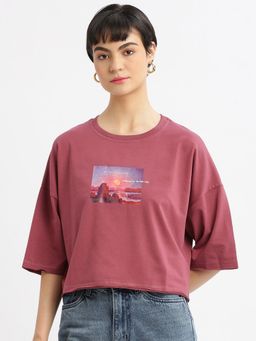SHOWOFF - Womens Graphic Mauve Drop Shoulder Boxy Crop T-Shirt