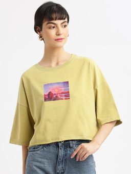 SHOWOFF - Womens Graphic Green Drop Shoulder Boxy Crop T-Shirt