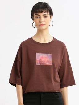 SHOWOFF - Womens Graphic Brown Drop Shoulder Boxy Crop T-Shirt