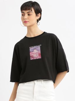 SHOWOFF - Womens Graphic Black Drop Shoulder Boxy Crop T-Shirt