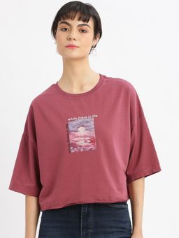SHOWOFF - Womens Graphic Mauve Drop Shoulder Boxy Crop T-Shirt