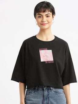 SHOWOFF - Womens Graphic Black Drop Shoulder Boxy Crop T-Shirt