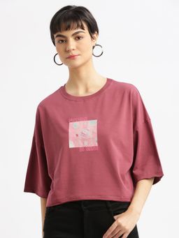 SHOWOFF - Womens Graphic Mauve Drop Shoulder Boxy Crop T-Shirt