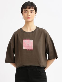 SHOWOFF - Womens Graphic Olive Drop Shoulder Boxy Crop T-Shirt