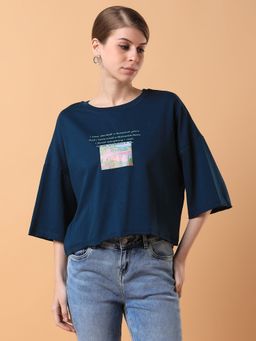 SHOWOFF - Womens Graphic Teal Drop Shoulder Boxy Crop T-Shirt