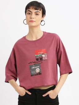 SHOWOFF - Womens Graphic Mauve Drop Shoulder Boxy Crop T-Shirt