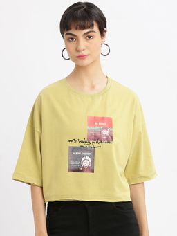 SHOWOFF - Womens Graphic Green Drop Shoulder Boxy Crop T-Shirt