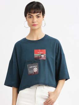 SHOWOFF - Womens Graphic Teal Drop Shoulder Boxy Crop T-Shirt