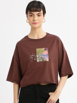 SHOWOFF - Womens Graphic Brown Drop Shoulder Boxy Crop T-Shirt