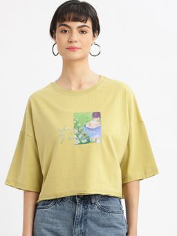 SHOWOFF - Womens Graphic Green Drop Shoulder Boxy Crop T-Shirt