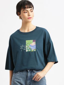 SHOWOFF - Womens Graphic Teal Drop Shoulder Boxy Crop T-Shirt