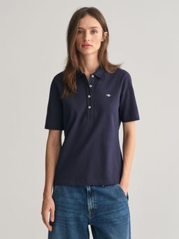 GANT - Women Blue Solid Collar Short Sleeves Polo T-Shirt