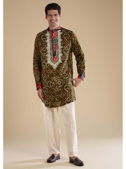 KALKI FASHION - Green Silk Resham Printed Mens Kurta Set