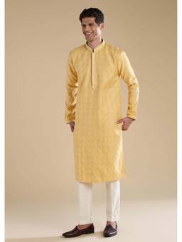 KALKI FASHION - Yellow Jacquard Straight Mens Kurta and Pant Set