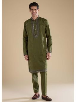 KALKI FASHION - Mehendi Green Embroidered Linen Straight Mens Kurta and Pant Set