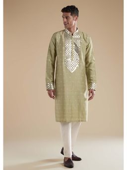 KALKI FASHION - Olive Green Silk Kurta Set with Leather Metal Bead Work