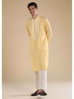 KALKI FASHION - Yellow Chanderi Kashmiri Hand Work Straight Mens Kurta Set