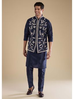 KALKI FASHION - Navy Blue Silk Mirror Embroidered Mens Jacket Kurta and Pant Set