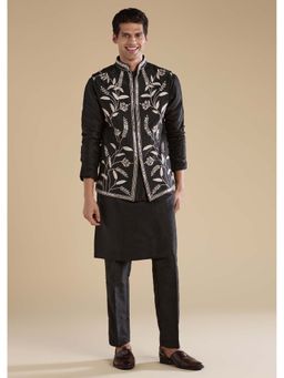KALKI FASHION - Black Silk Mirror Work Mens Jacket Kurta and Pant Set